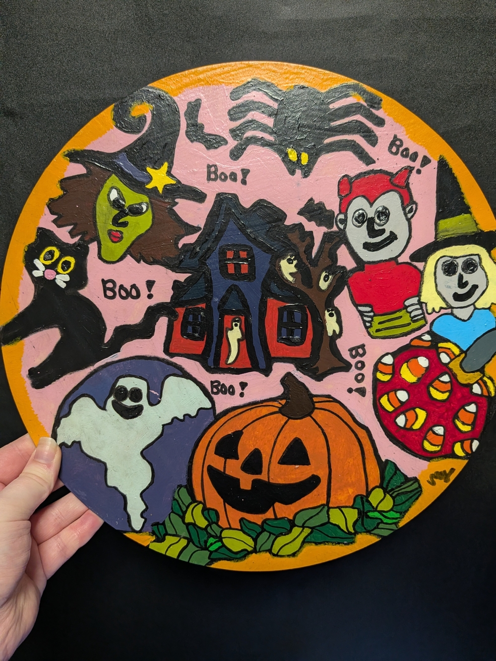 Handmade Halloween Wooden Round Painting